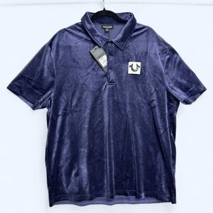 NWT True Religion XL Mens Velour Corduroy Polo Shirt Y2K Streetwear Ribbed Blue